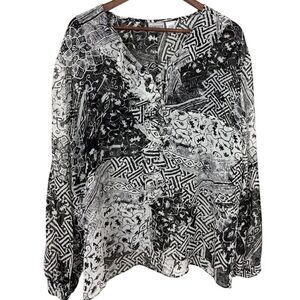 Chicos Silk Blouse Top Black Pattern 3 XL Ruffle Collar Sheer Whimsigoth‎ Fairy